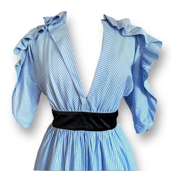 Manoush Womens Dress Sz 42 US 10 Blue White Stripe Ruffle Sleeve Plunge Neckline - Picture 3 of 11